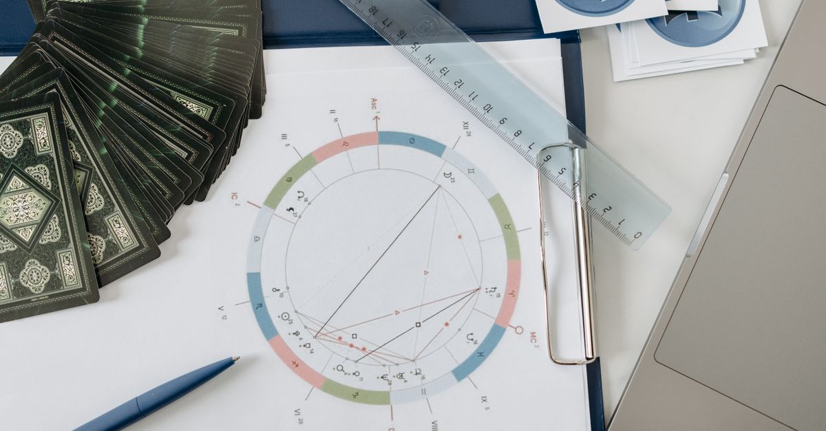 Flat lay of astrology tools, including tarot cards and a natal chart, on a desk.