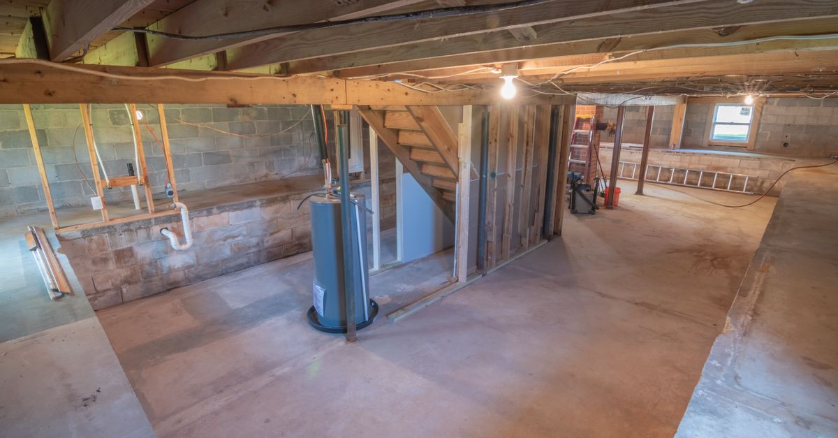 Empty basement with exposed beams and plumbing pipes, ideal for renovation.