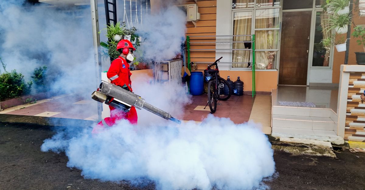 Pest control specialist using a smoke machine to fumigate outside a house.