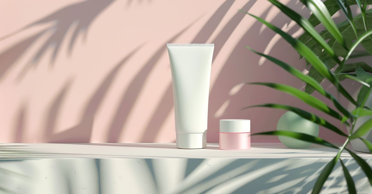 Modern minimalist cosmetic setup with natural shadows creating an elegant feel.