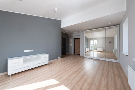 Spacious empty room with wooden flooring and minimalist style furniture.