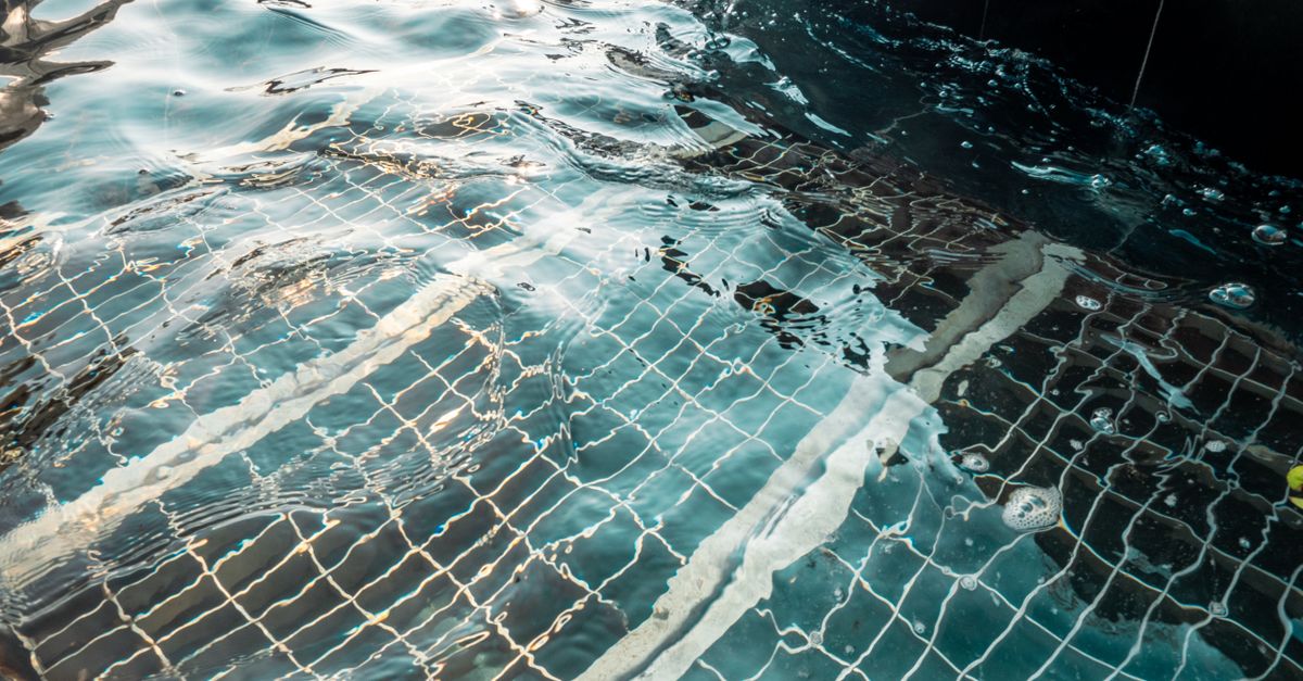 Peaceful reflections on a clear swimming pool surface, showcasing underwater tile patterns and gentle ripples.